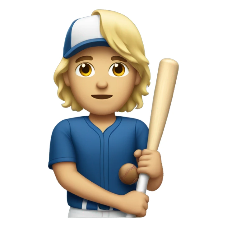 A blonde male with a middle part holding a baseball bat sticker