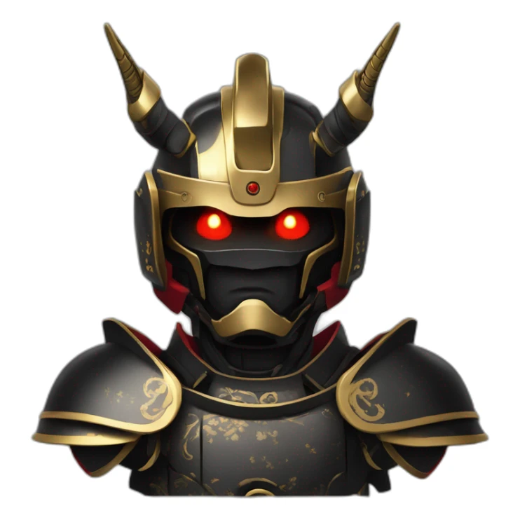 robot samurai with red eyes and gold horns on samurai-style, black colored helmet sticker