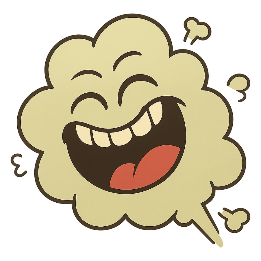a cartoon fart cloud with a big laughing face, playful and silly sticker