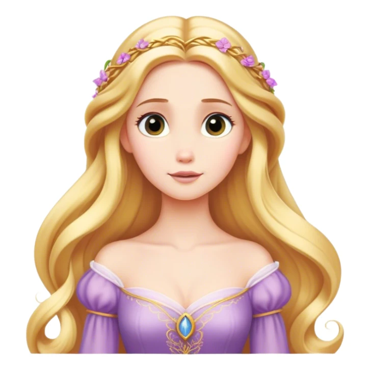 Cinematic Timeless Rapunzel Portrait Emoji, rendered in a clean, vector style. Depict Rapunzel with porcelain skin, beautifully styled long golden hair, and a serene, graceful expression, dressed in her classic gown. The design features bold, clean lines, a soft, magical glow, and a subtle glowing outline that captures her timeless, fairy-tale beauty. sticker