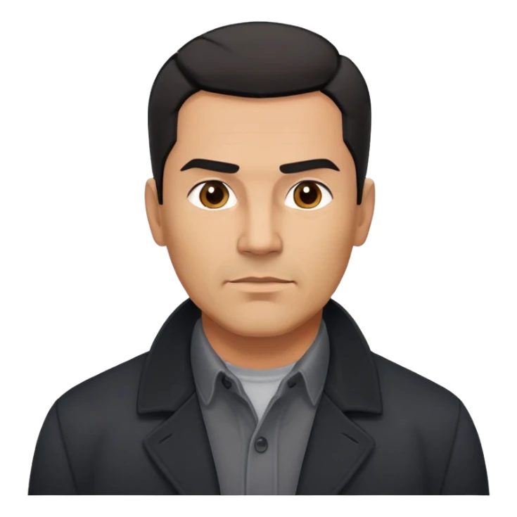 Strong built middle-aged Hispanic man with tan complexion, short black straight hair combed back with faded sides, square masculine face with defined jawline, wearing black coat and gray button-up shirt tucked in sticker