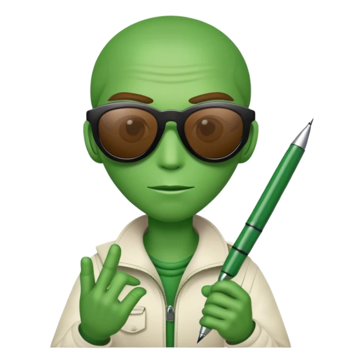 green Martian with a pen in his hand and sunglasses sticker