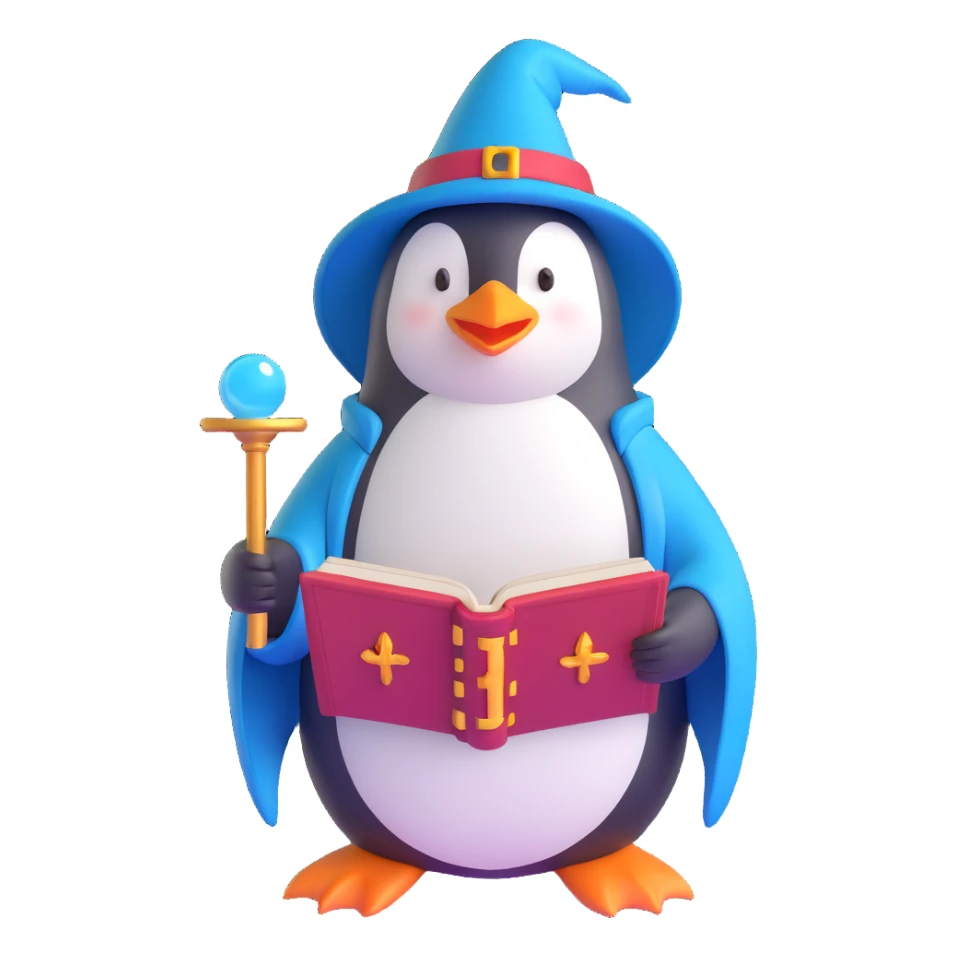 penguin wizard reading from an ancient spellbook in 3D style sticker