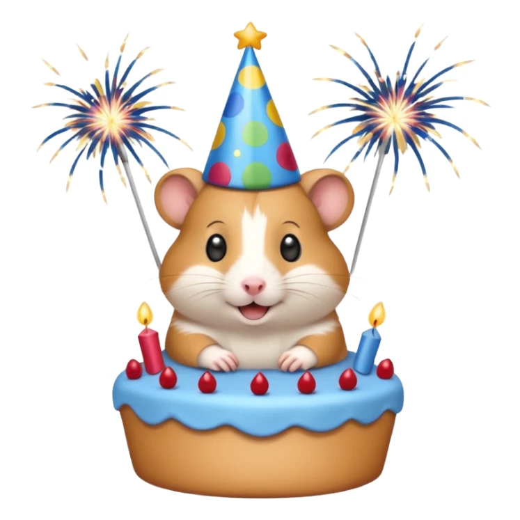 A hamster celebrating a birthday by throwing fireworks in front of a cake. sticker