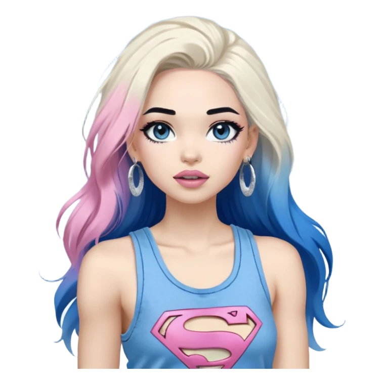 LargeFull body-really excited expression-very-beautiful-face-white ripped cargo pants-light-pink-lips-very long-very-straight-dark-blue-ombre-hair-and-blue-eyes-thick-black-eyeliner-thick-long-eyelashes-sky-blue-superman-tank-top-with-glitter-and-silver-hoop-earrings sticker
