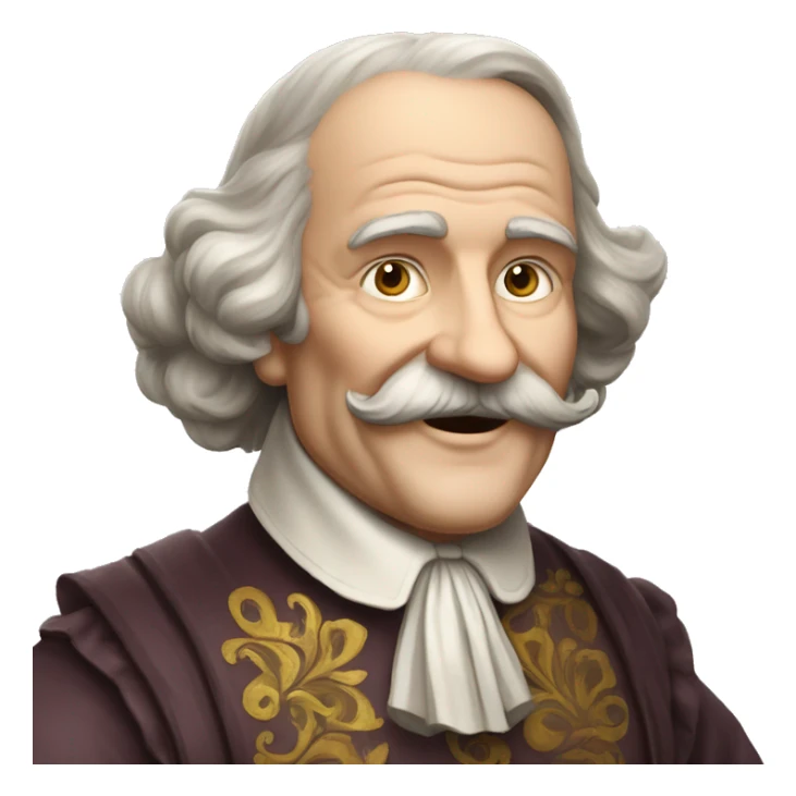 Short pudgy old man over enthusiastic happy excited face bald forehead long wavy gray and brown brunette long wavy hair moustache Shakespearean dress vintage clothes hamlet sticker