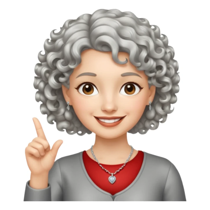 silver, short, wavy-haired with curls, smiling pretty lady, hopeful, pointing finger up


 sticker
