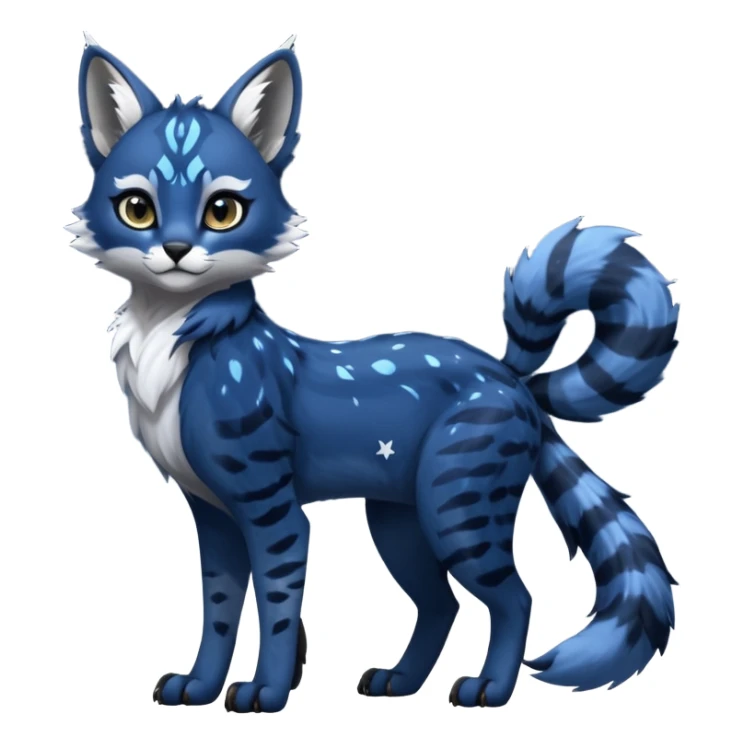 Cute kawaii cool edgy badass  glossy midnight-blue fur with silver starlight dusting fantasy-caracal-civet-genet-sergal-vernid-Gryphon-Cacomistle-Trico-oncilla-animal-Fakémon-hybrid-fursona (full body), facial markings, (realism style) sticker