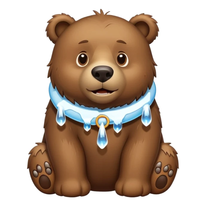 Realistic brown bear on all four legs with a large ice collar around its neck, shaped like a dog collar, with icicles hanging down from it, minimalist emoji style sticker