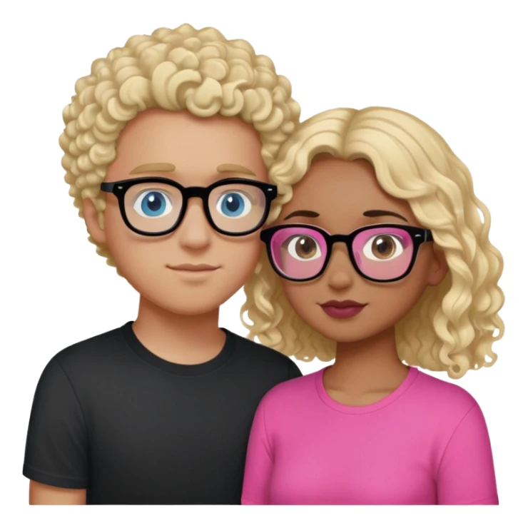 intimate moment between lovers, boy he has, blonde hair black glasses and blue eyes and a black shirt, Girl with a mixed skin tone, she has dark brown curly hair, pink glasses, and a pink shirt sticker