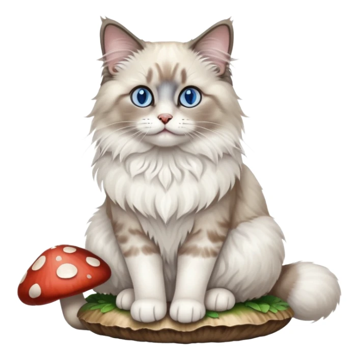 A ragdoll cat with blue eyes sitting on a mushroom sticker