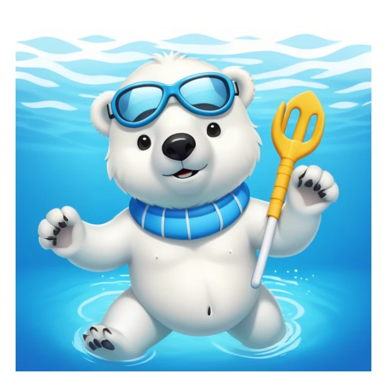 friendly anthropomorphised polar bear swimming in a wide pool, wearing colorful swim trunks and snorkel gear sticker