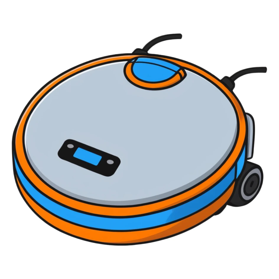 cute cleaning robot vacuum with blue, grey, and orange colors on wheels sticker