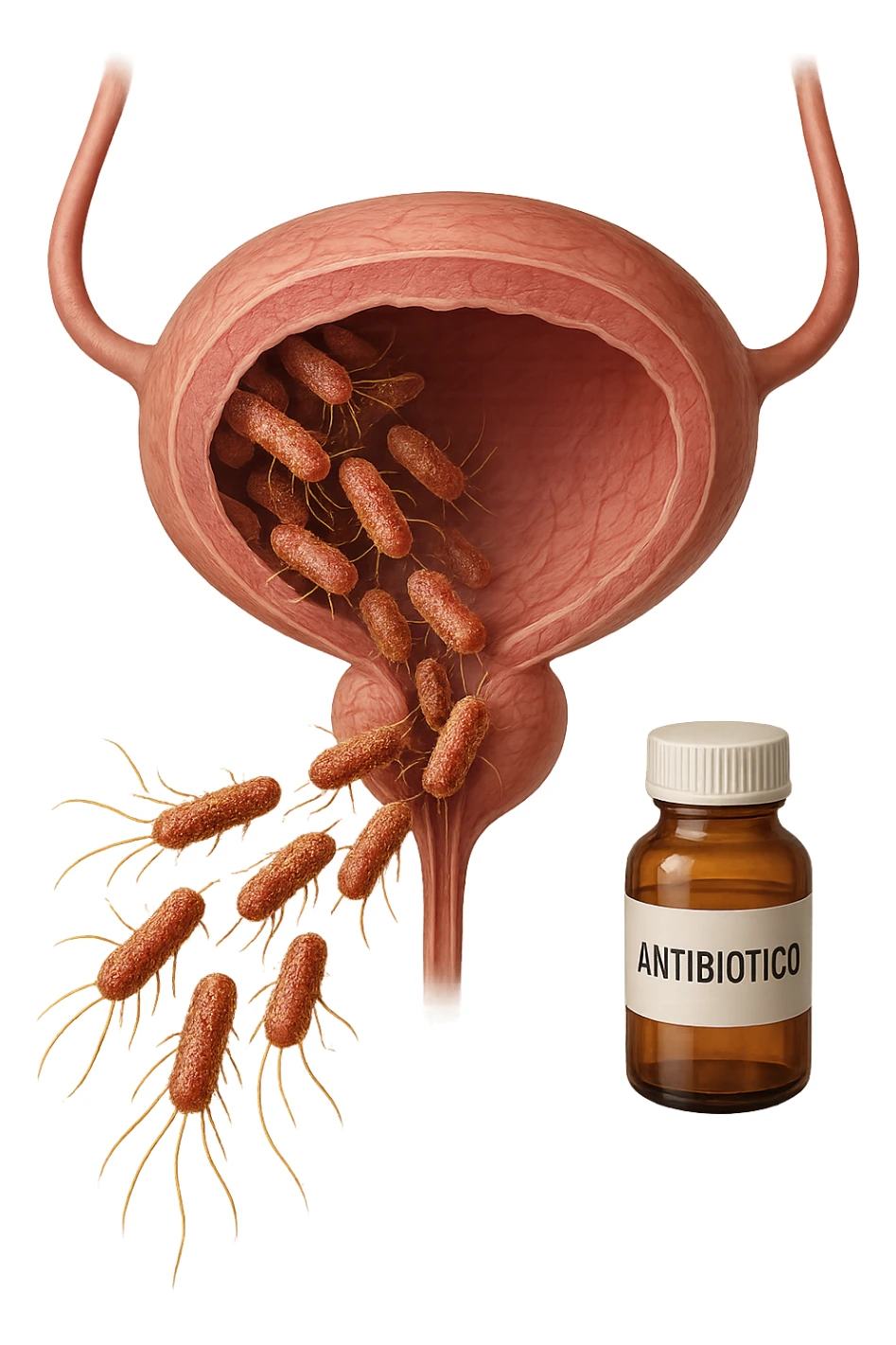 batteri intestinali che migrano ed entrano in una vescica anatomica realistica per infettarla, davanti a lei fluttua una boccetta con la scritta "ANTIBIOTICO", iperrealistico 4k sticker