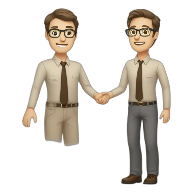 To belt Actively gesturing with hands Pale skinned fit man with dark brown hair in gray jacket, beige office shirt, brown tie, brown pants and vintage glasses. sticker