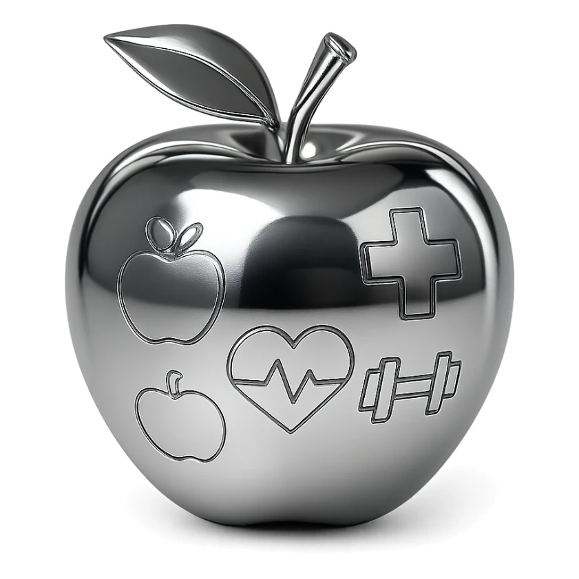 stylized chrome apple, shiny and futuristic, representing health sticker