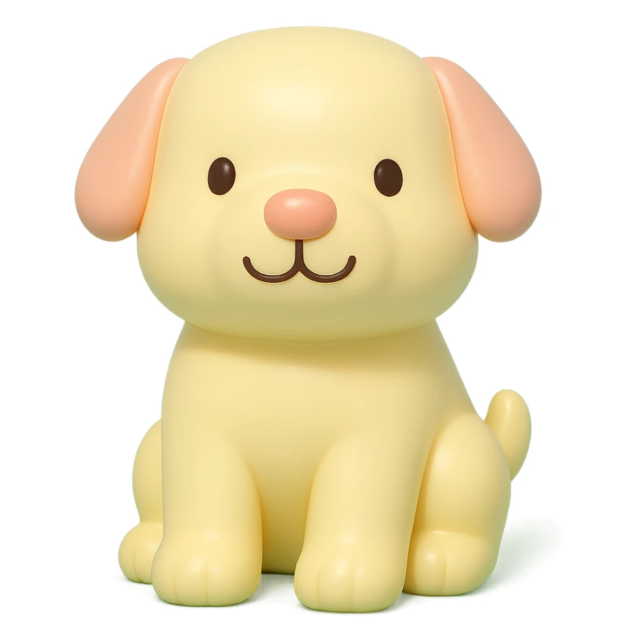               Transform {subject} into a soft vinyl figure with a smooth, glossy surface. The material should look slightly rubbery and tactile, with minimalistic curves and a matte-gloss hybrid finish. Use pastel or soft solid colors. The surface is seamless, with no visible textures or roughness. Studio lighting, vibrant background, clean, playful, designer toy aesthetic and no shadows. {subject} = dog, make sure the mouth has nice outlines sticker