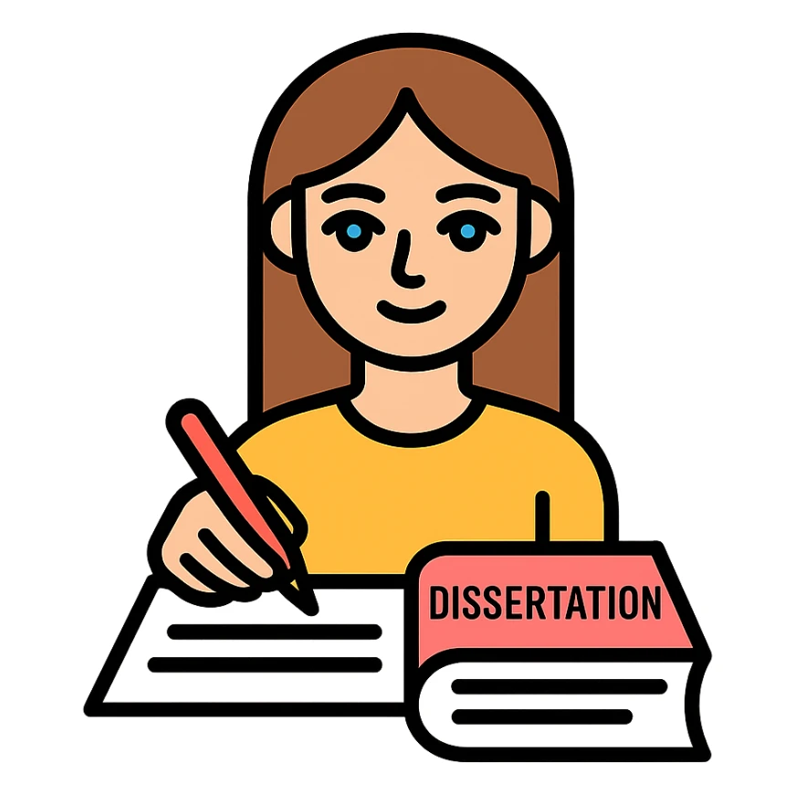 Beautiful girl with brown hair and blue eyes is writing a dissertation sticker