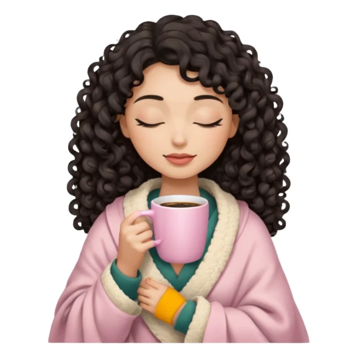 woman with medium tone, black long 3b curls, closed eyes, feminine face, holding soft pink coffee cup with beige blanket over shoulders sticker