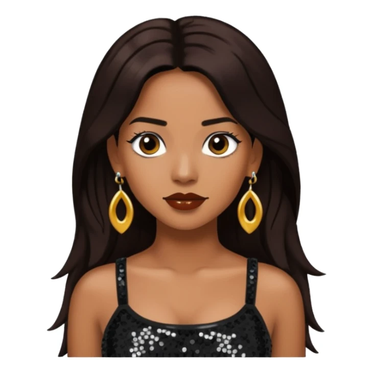 Chilli from TLC with long dark brown hair, black sequin crop top, black earring sticker