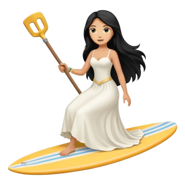 Bride black long hair holding her phone and long shovel with another hand. Under her feet, there is one surfing board. sticker