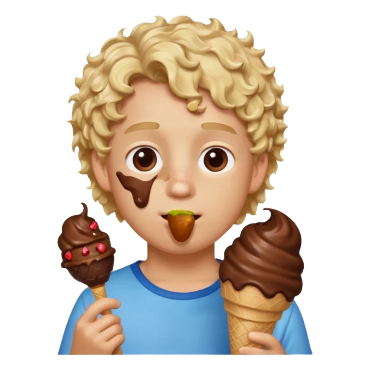 boy blonde curly hair, chef, eating big chocolate ice cream sticker