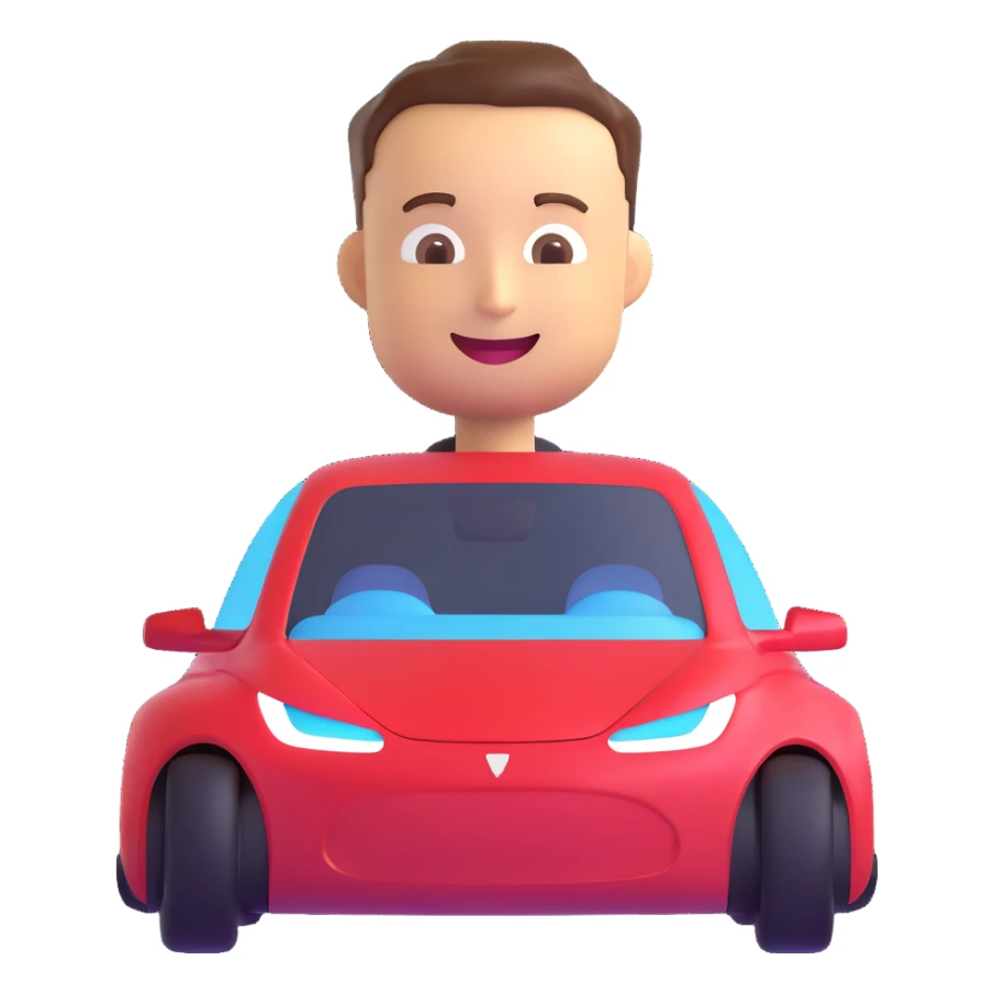 Elon Musk emoji with electric car, happy face sticker