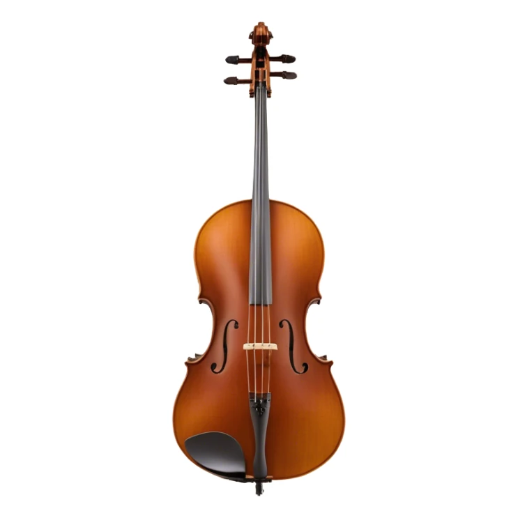 Create an elegant and refined emoji representing a Cremona 4/3F 4/4 cello with bow. The design should feature the distinctive, finely crafted body of the cello, highlighting its rich wooden finish and gracefully curved shape. The bow should be included, with visible horsehair and a polished wooden stick. Add subtle details like tuning pegs and strings to emphasize the precision and craftsmanship of the instrument. Use warm wood tones, deep brown, and soft metallic accents to reflect the high quality of the Cremona cello. The background should be transparent. sticker