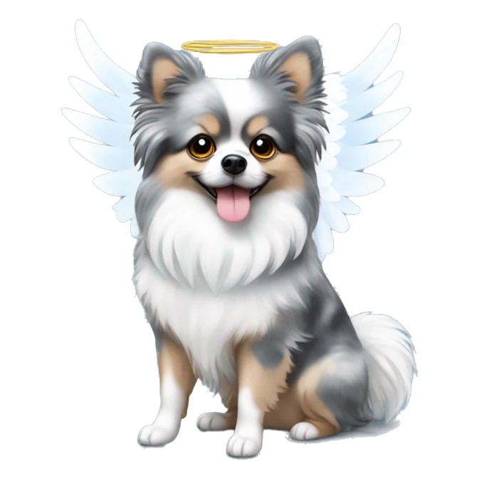 Blue Merle Pomeranian  with white angel wings and halo sticker