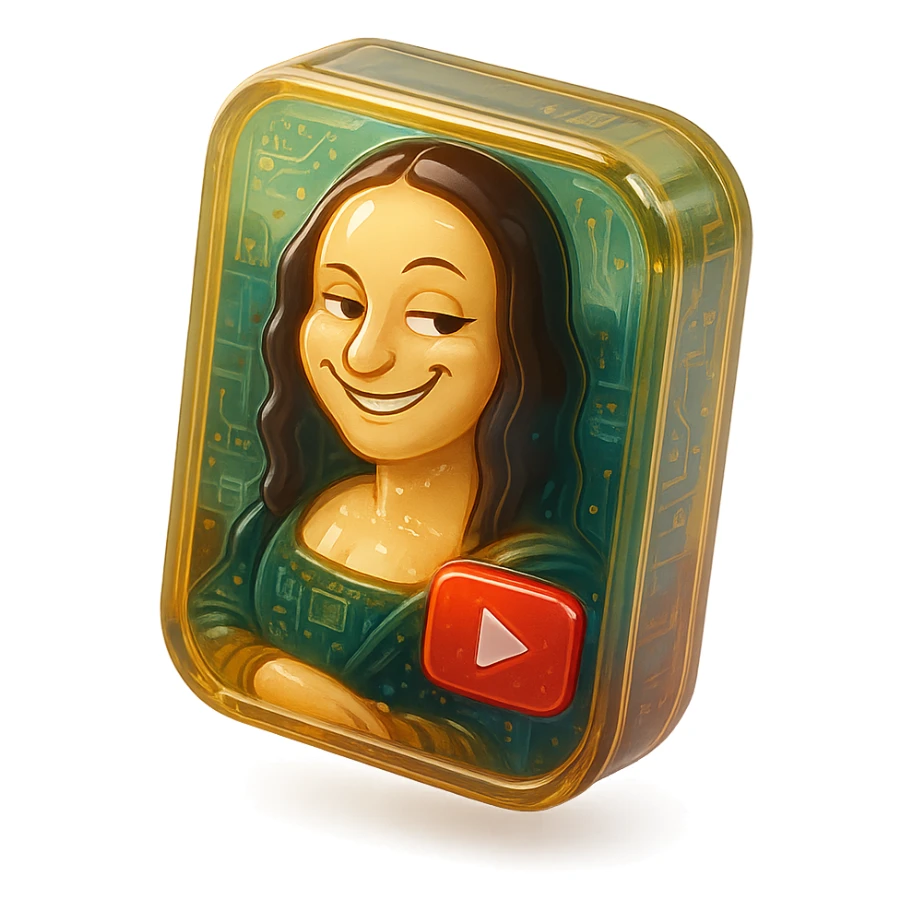 Mona Lisa with a playful sarcastic grin, red YouTube play button, glossy circuit style sticker