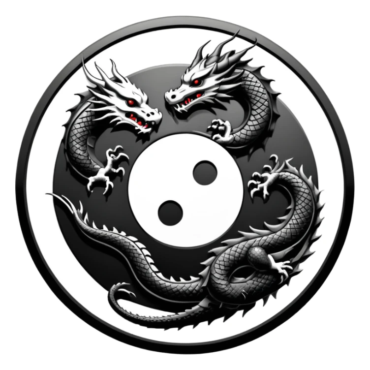 An icon symbolizing Eastern martial arts in the style of an emblem, featuring a black-and-white Yin-Yang symbol and a dragon at the center, surrounded by elements like a dojo. Transparent background highlights balance and power. sticker