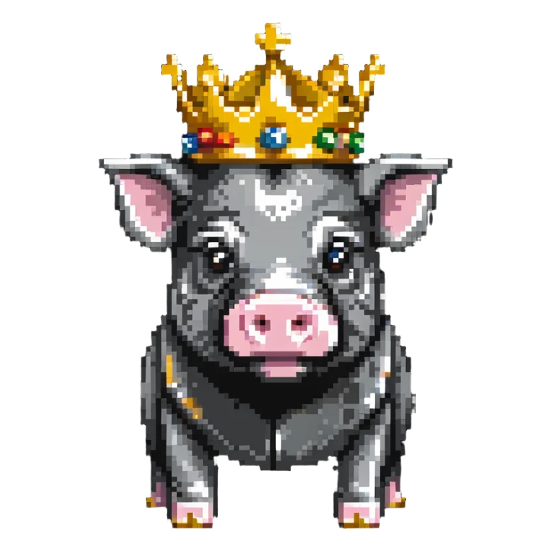 cute pig with a golden crown, inspired by Technoblade, styled like LEGO Duplo with visible block elements and studs, chunky, colorful, simple, playful sticker