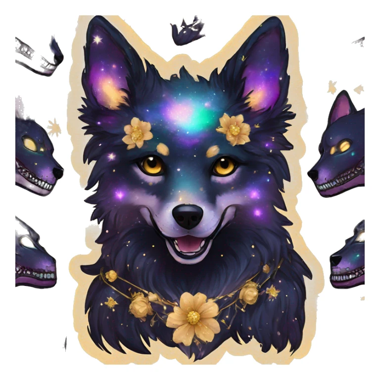 Black iridescent fluffy dog fox head zombie skull skeleton gold mechanical nebula galaxy stars colorful flowers fairy lights vintage sticker