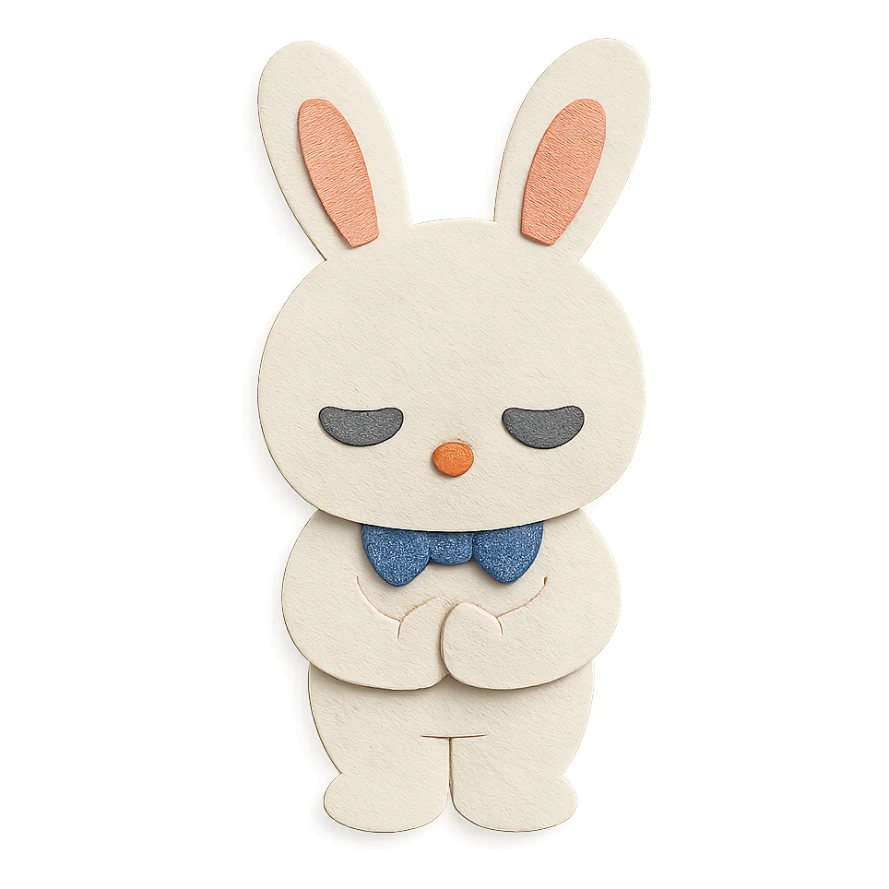 white bunny bowing politely with paws together, paper-craft style, eyes opaque sticker
