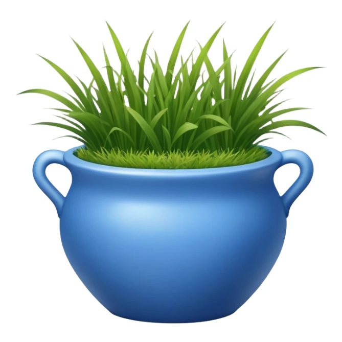 a small blue cachepot without handles with grass leaves gathered in a pile. sticker