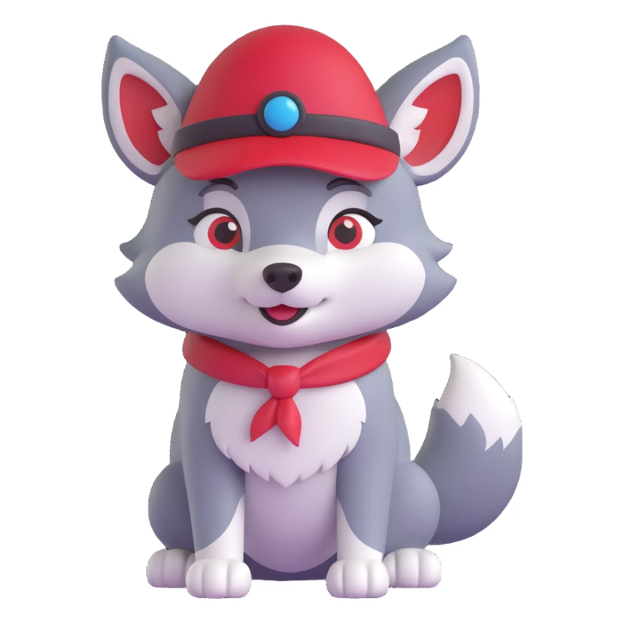 cute wolf wearing a red hat, clear and adorable, icon style sticker
