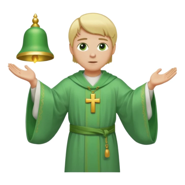 a priest, green eyes, blonde hair, light green wide, flowing, bell-shaped outer robe. opening arms, gazing thoughtfully. Soft light, subtle fern. Waist-up, profile. sticker
