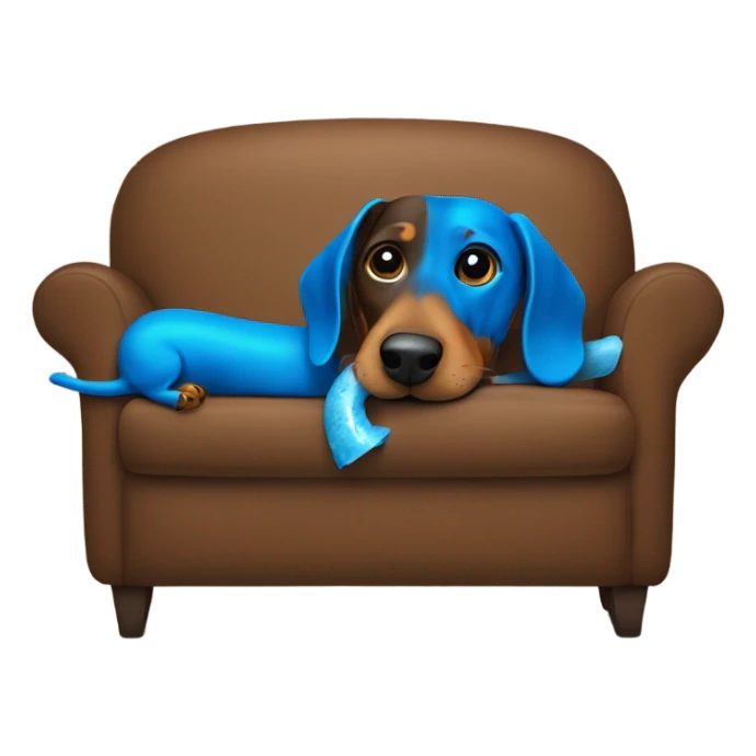 Dachshund eating a blue bone on a brown couch sticker