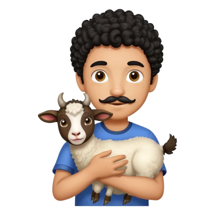 Tattooed boy with black curly hair with mustache and goat sticker
