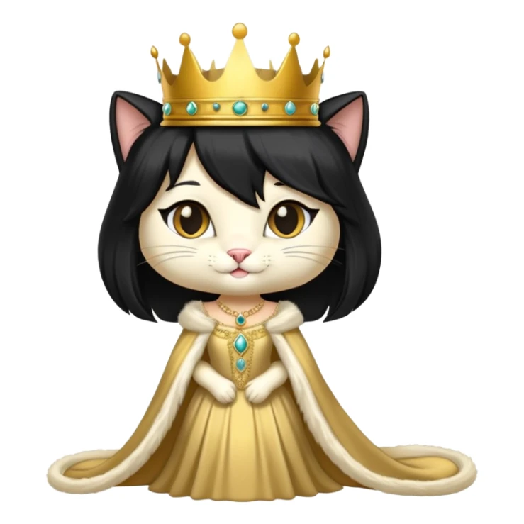regal cat wearing a crown and elegant dress, long black wig sticker