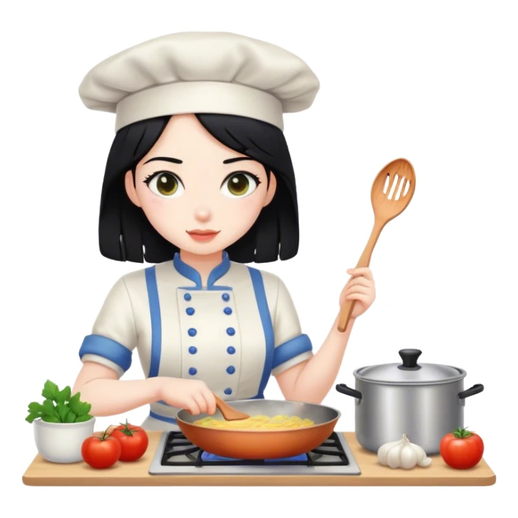 black hair girl with pale skin is cooking sticker