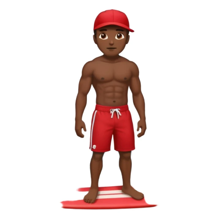Dark, muscular surfer wearing red shorts and a baseball cap Hawaii sticker