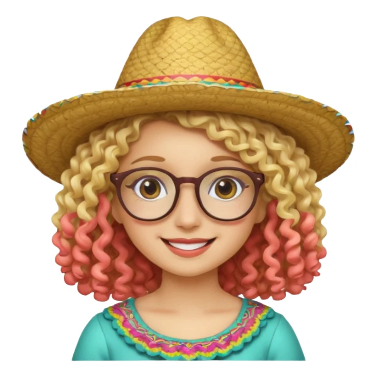 blonde girl with curly hair and glasses with a Mexican hat sticker