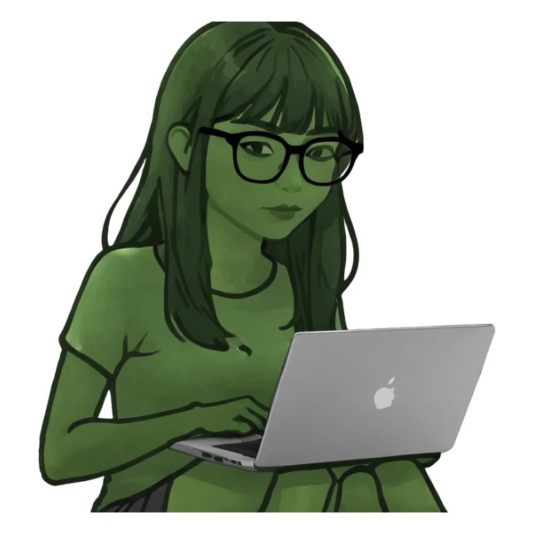 A beautiful woman with straight-across bangs and long black hair is using a laptop. sticker