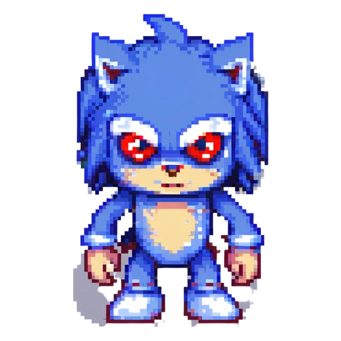 Sonic.exe character in Minecraft style, blocky, pixelated, dark and creepy atmosphere, red eyes, menacing expression, similar to Minecraft mob design sticker