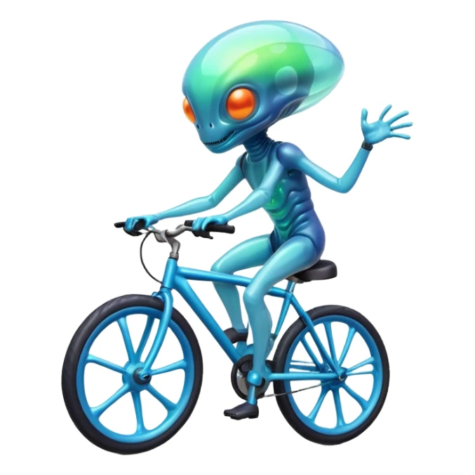 jelly alien riding a bicycle, translucent gelatin body, glowing core inside, wobbly fun movement, cute sci-fi creature, 3D cartoon, mobile game icon style, clean background, no text, no watermark
 sticker