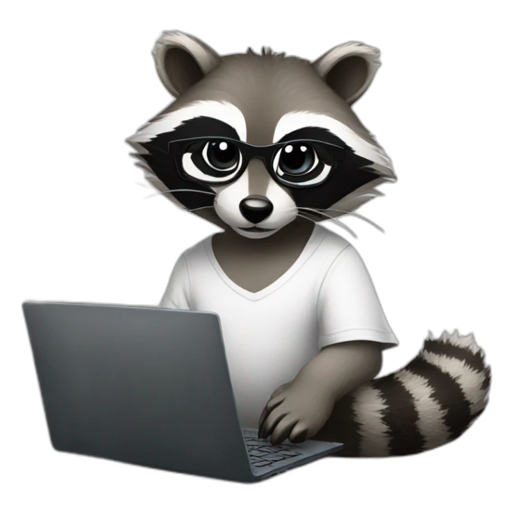 racoon wearing glasses and white tee working on a black laptop sticker