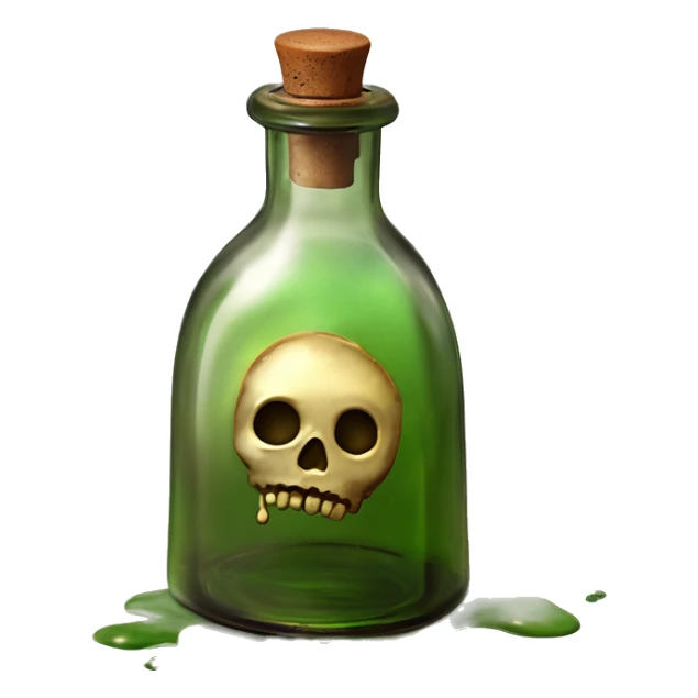 Mysterious Alchemical vintage glass potion bottle, exquisite bottle shape, old and shabby, with label, stylish and minimalistic, brown and shabby-green, oil potion is poured out of the bottle, herbal, flowers and oil is spilled next to it sticker