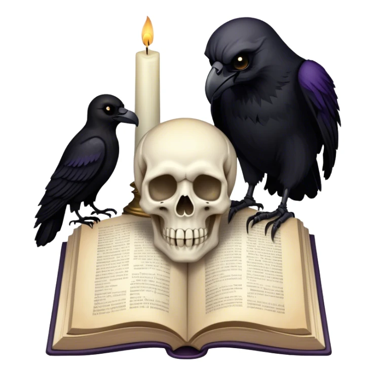 Icon for Horror and Mystery Reading: an open book with eerie shadows and mist rising from the pages, a candle, a skull, and a raven perched nearby. The icon should evoke the suspense, fear, and supernatural atmosphere of horror and mystery stories. Transparent background. sticker