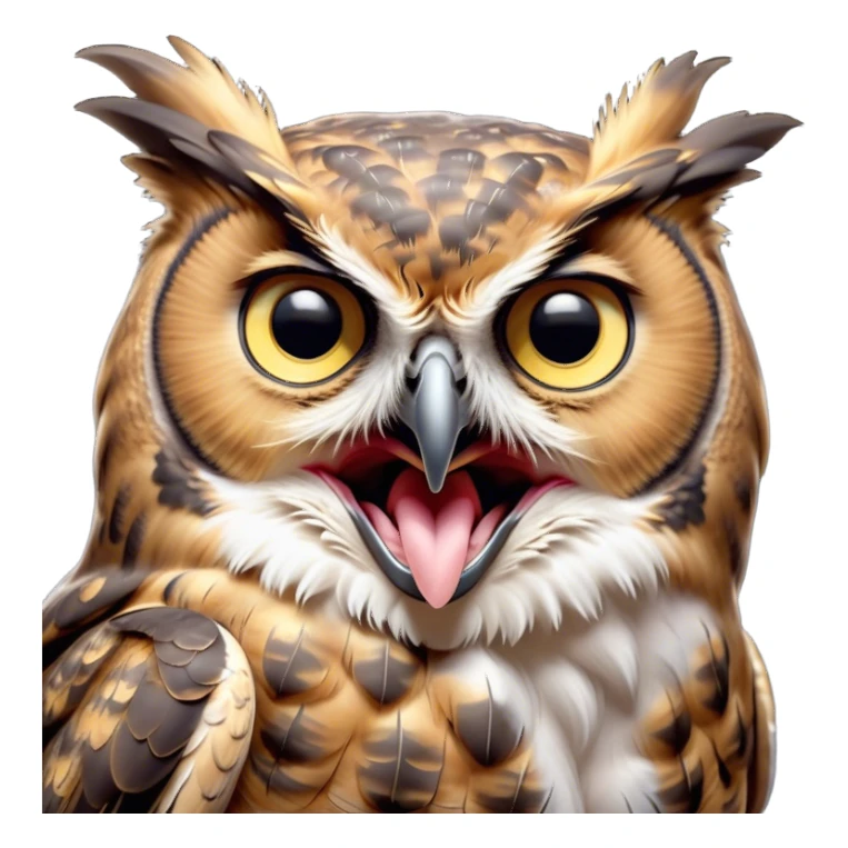 Cinematic Cute Yawning Great Horned Owl Portrait Emoji, Head tilted slightly with a dramatic, wide-open yawn, showcasing a soft, downy mottled plumage with gently drooping feathers, round golden eyes barely open in drowsy contentment, Simplified yet irresistibly adorable features, highly detailed, glowing with a soft, cozy glow, high shine, relaxed yet expressive, stylized with a touch of nocturnal whimsy, bright and endearing, soft glowing outline, capturing the essence of a sleepy yet affectionate owl, so drowsy it feels like it could glide out of the screen and curl up for a nap! sticker